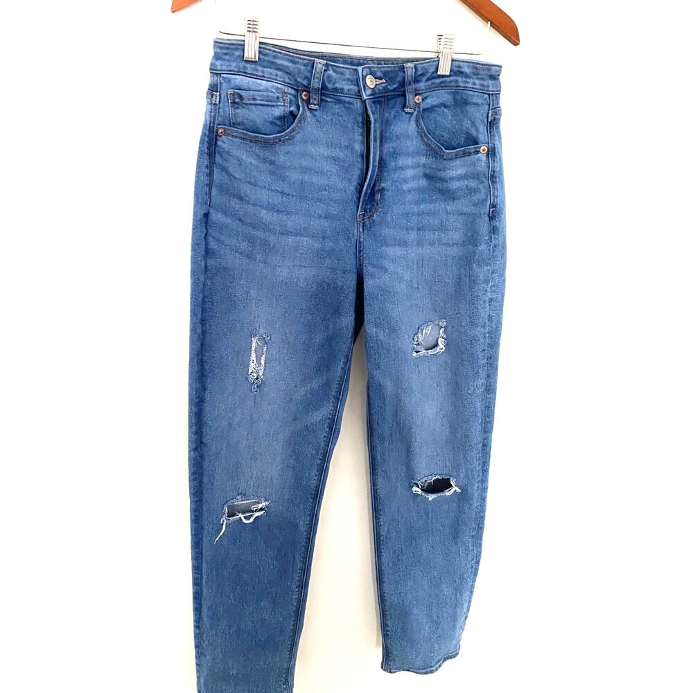 American Eagle Blue Ripped Mom Distressed Jeans Denim Stretchy Sz 6